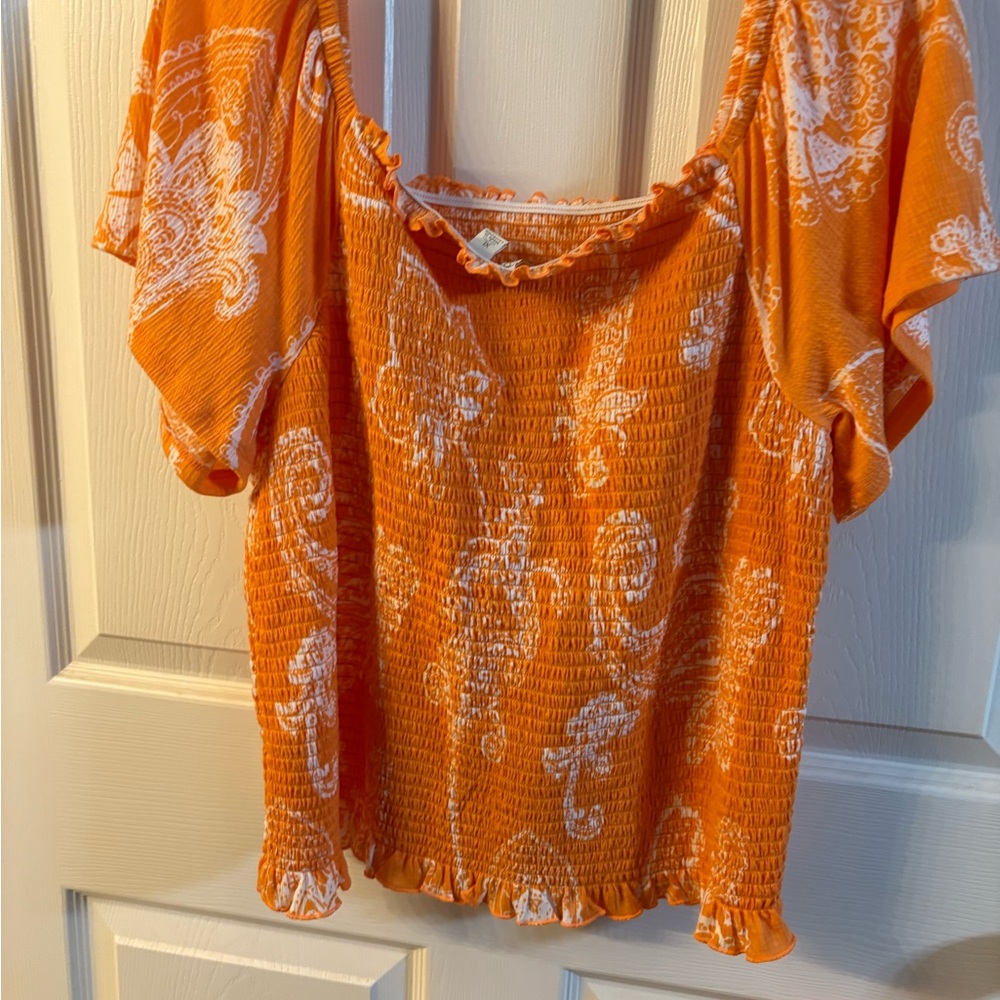 Cato Orange and White Smocked Paisley Blouse - Picture 5 of 9